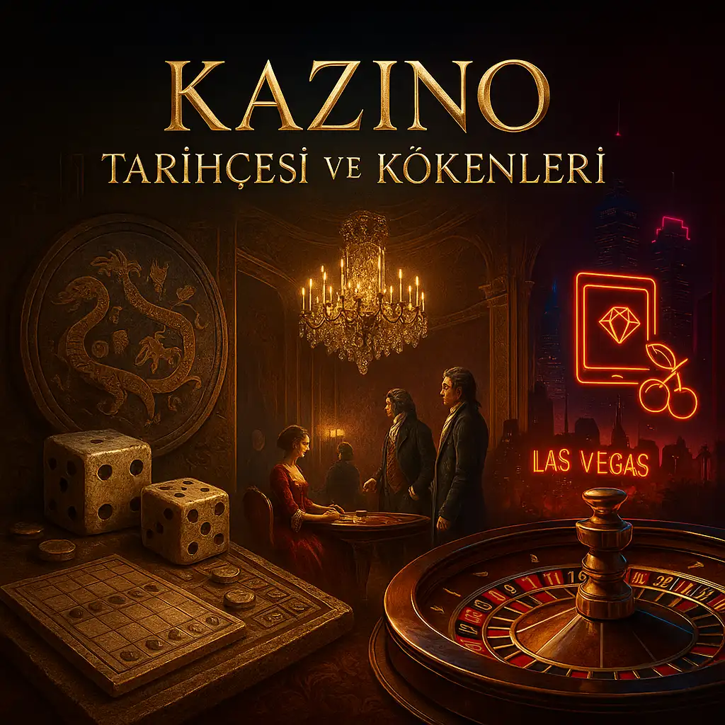 Casino tarihinin antik dönemden modern çağa evrimini gösteren sanatsal illüstrasyon